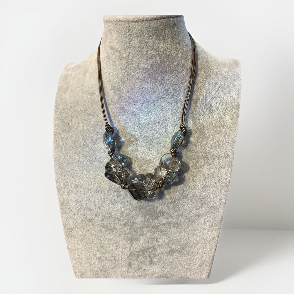 Cindy Ensor Designs Leather Hand Knotted Blue & Gray Crystal Cluster Necklace